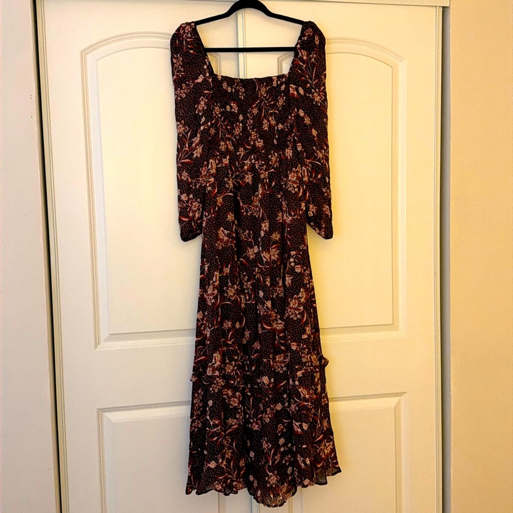 DOLAN Floral Smocked Square Neck Puff Sleeve Midi Dress XS